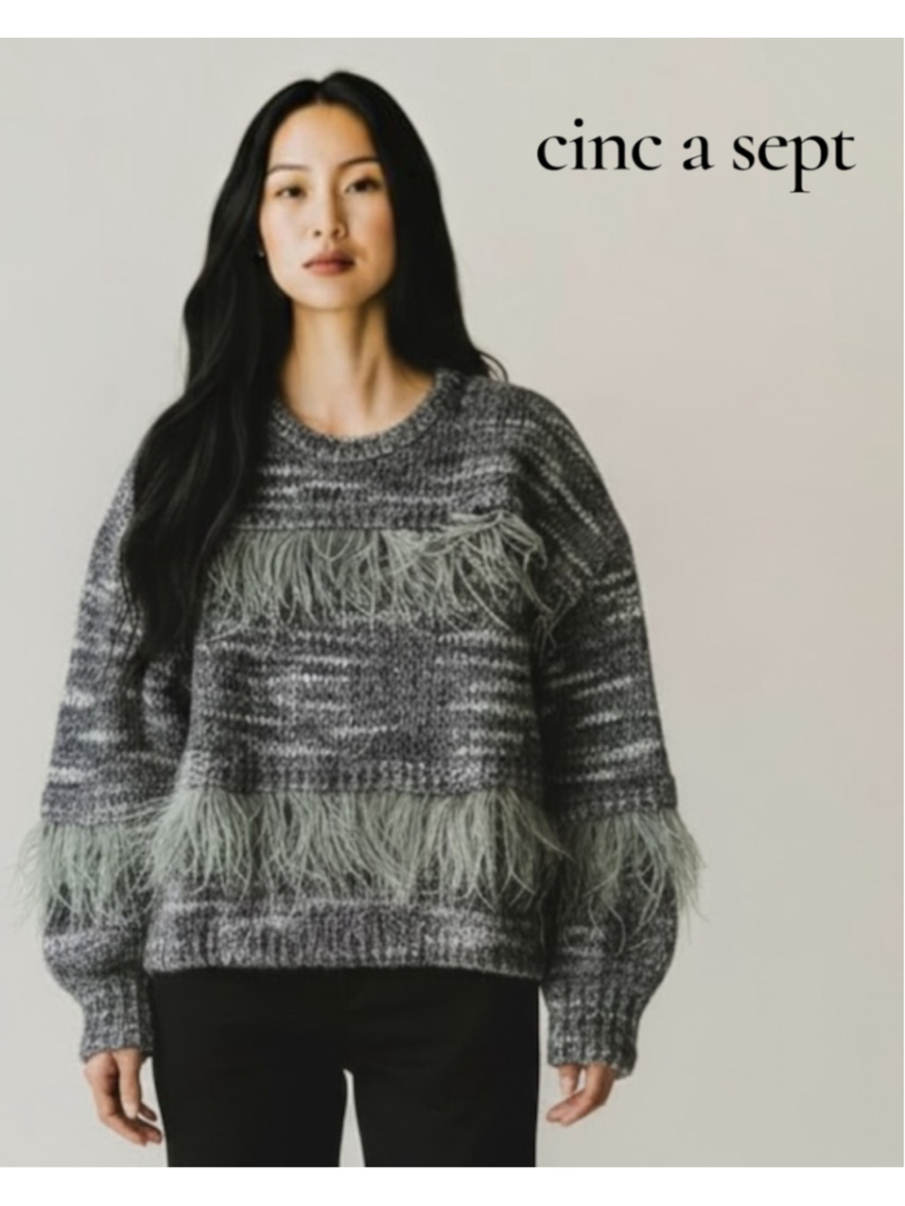 Cinq a Sept Ostrich Feather Knit Sweater Grey Black Oversized xs
